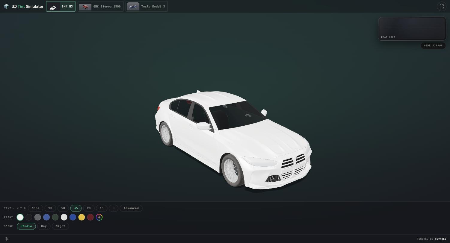 The simulator: a BMW M3 with 35% tint, a three-car switcher, and tint, paint and scene controls